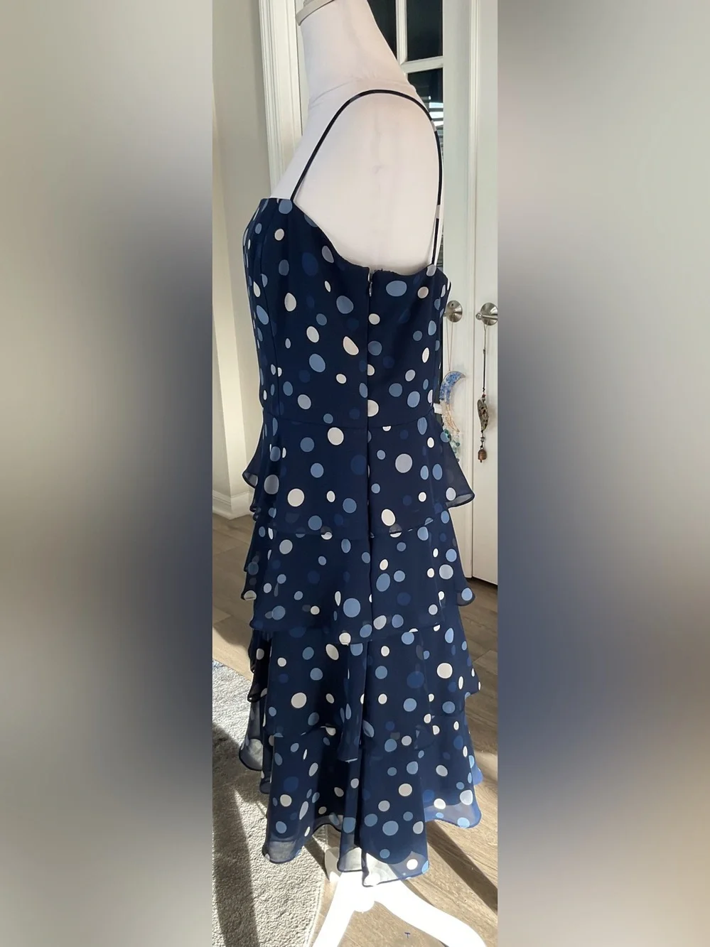 Dressbarn Navy Blue Polka Dot Tiered Chiffon Midi Dress Ruffle Size 12 GUC - Picture 6 of 13